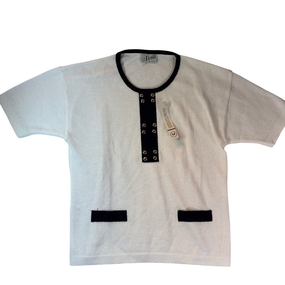 Vintage Lisa Made Italy Knit Top M – White & Navy Contrast Button Detail NWT